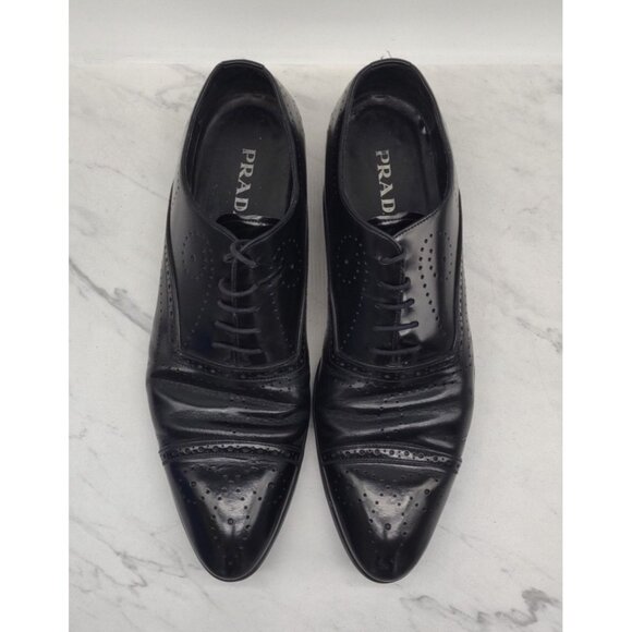 PRADA Mens Leather Dress Shoes Size 12 E Black Lace Up Oxford 1316 main image 15